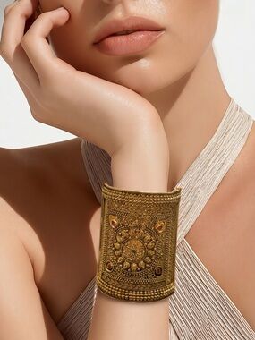 Vintage Indian Gold Kundan Cuff Bracelet Red Green Stones Statement Bangle